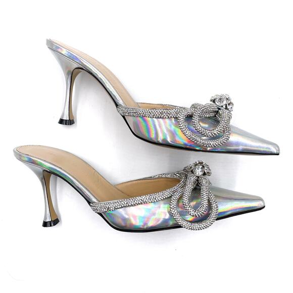 Mach & Mach Crystal Double Bow Mules Silver Iridescent Kitten Heel‎ Sz 37 / 7 - Picture 8 of 11